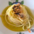 Vermicelli con cozze e crema di fiori di zucchina